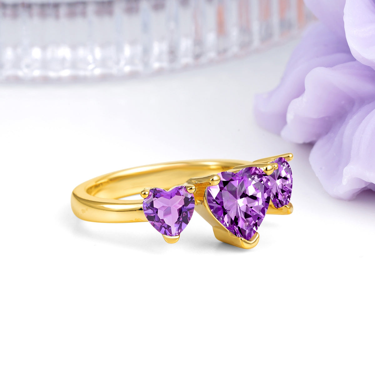 Unique 3 Prong Heart Cut Amethyst Three stones Wedding Ring - Additional view