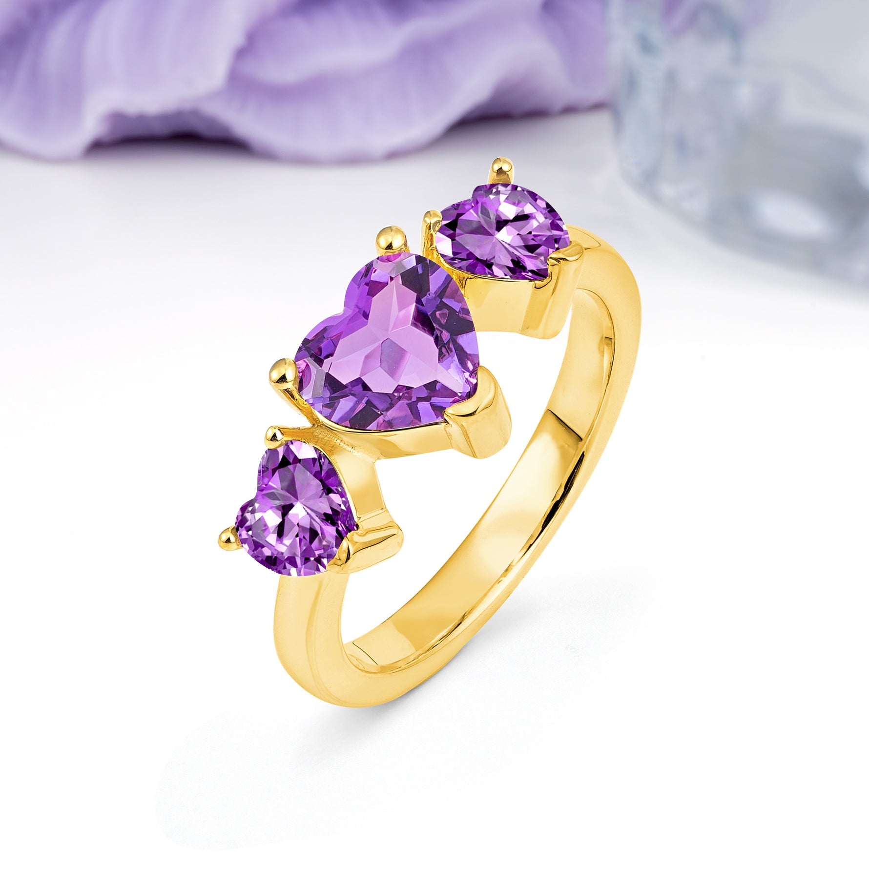 Unique 3 Prong Heart Cut Amethyst Three stones Wedding Ring - Additional view