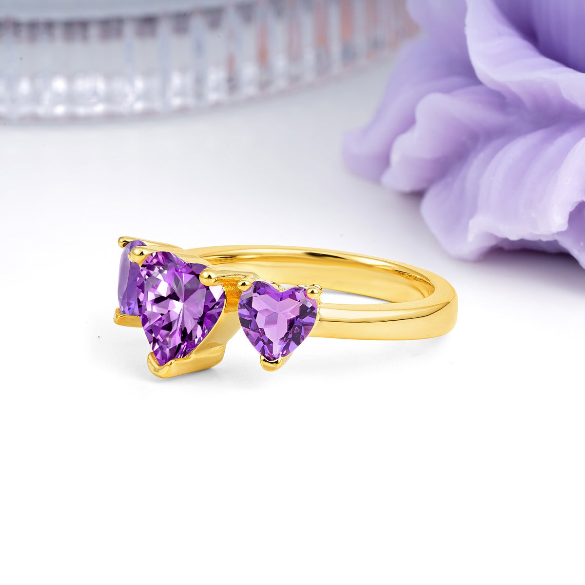 Unique 3 Prong Heart Cut Amethyst Three stones Wedding Ring - Additional view