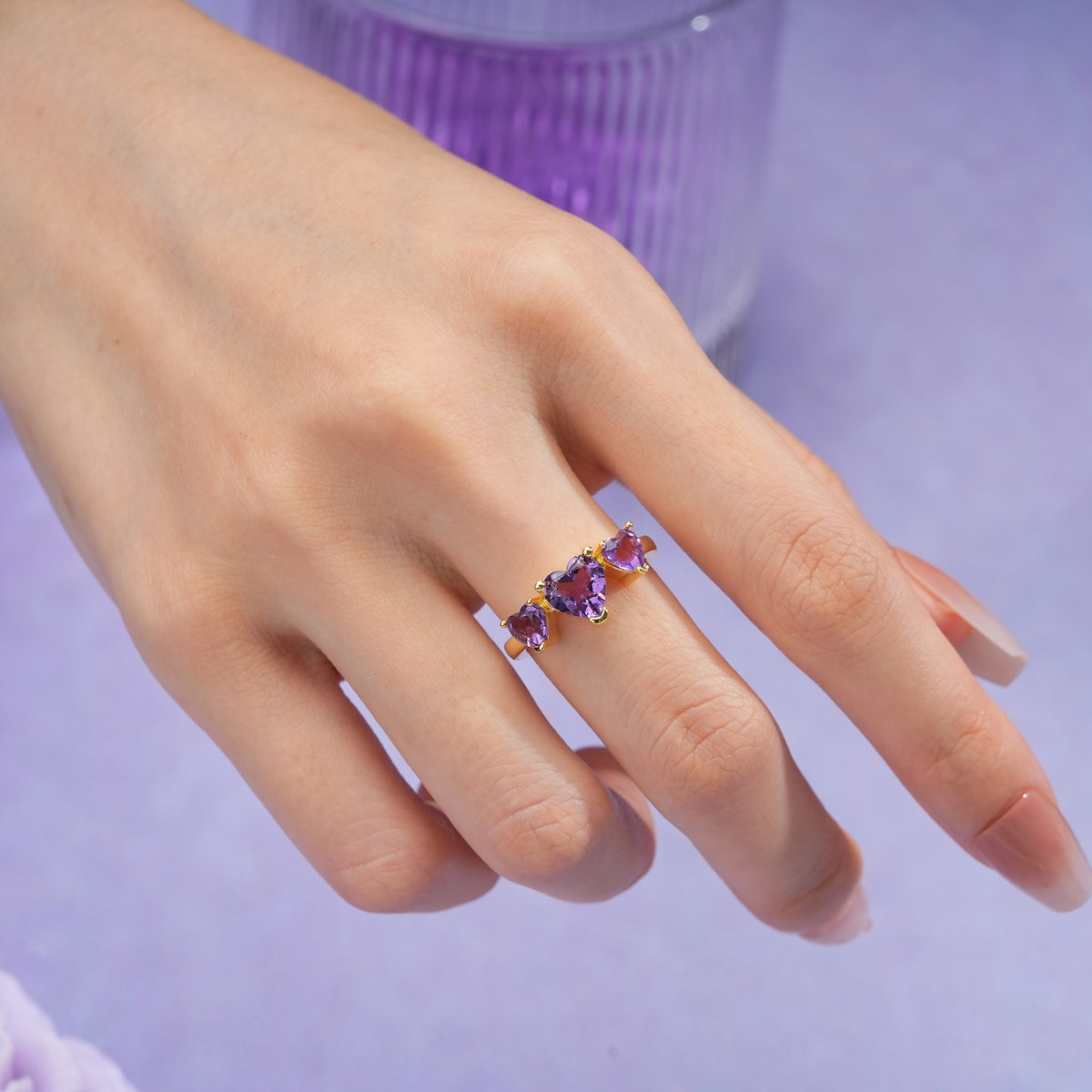Unique 3 Prong Heart Cut Amethyst Three stones Wedding Ring - Additional view