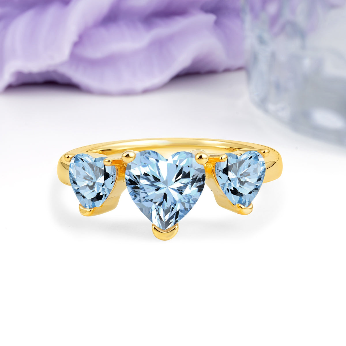 Unique 3 Prong Heart Cut Aquamarine Three stones Wedding Ring - Additional view