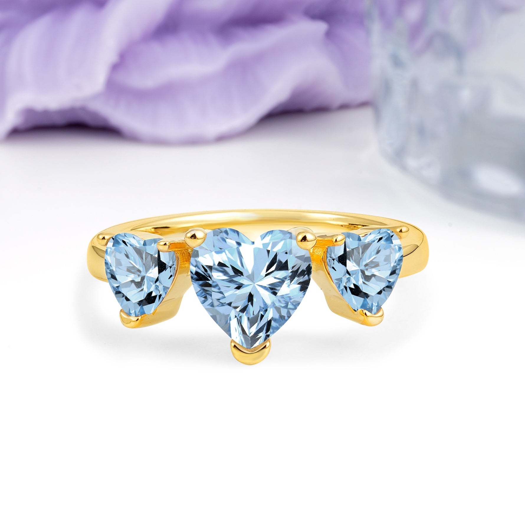 Unique 3 Prong Heart Cut Aquamarine Three stones Wedding Ring - Additional view