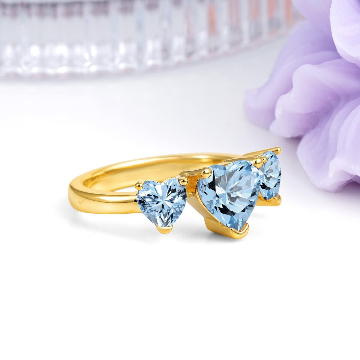 Unique 3 Prong Heart Cut Aquamarine Three stones Wedding Ring - Additional view