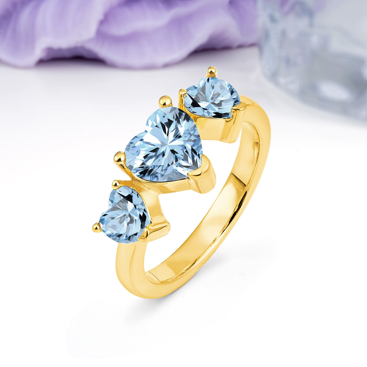 Unique 3 Prong Heart Cut Aquamarine Three stones Wedding Ring - Additional view