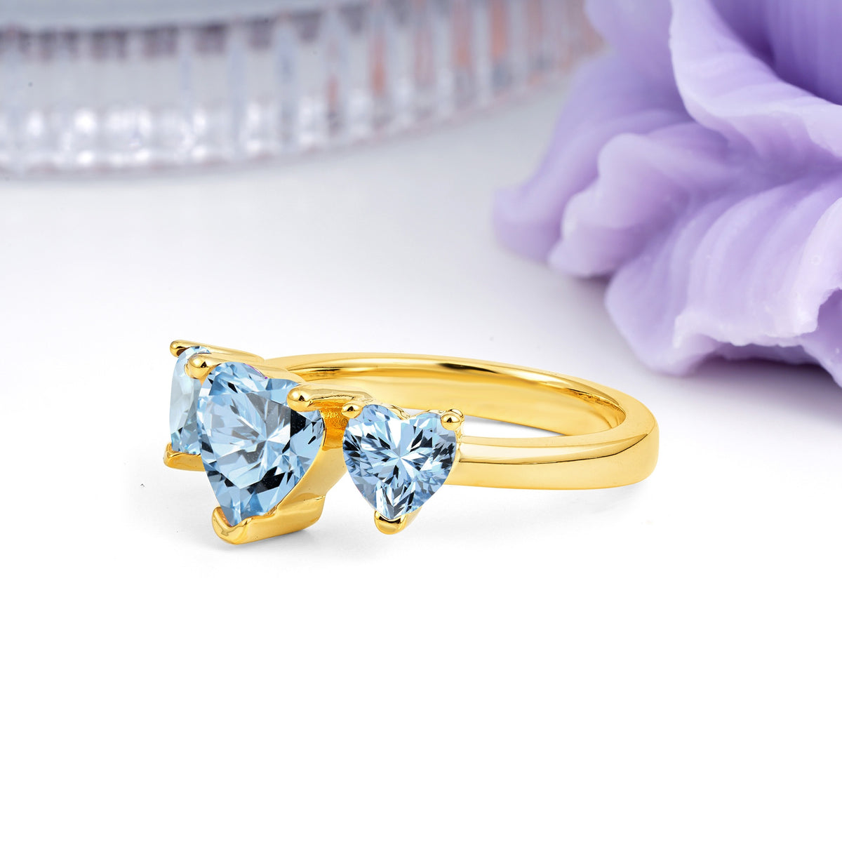 Unique 3 Prong Heart Cut Aquamarine Three stones Wedding Ring - Additional view