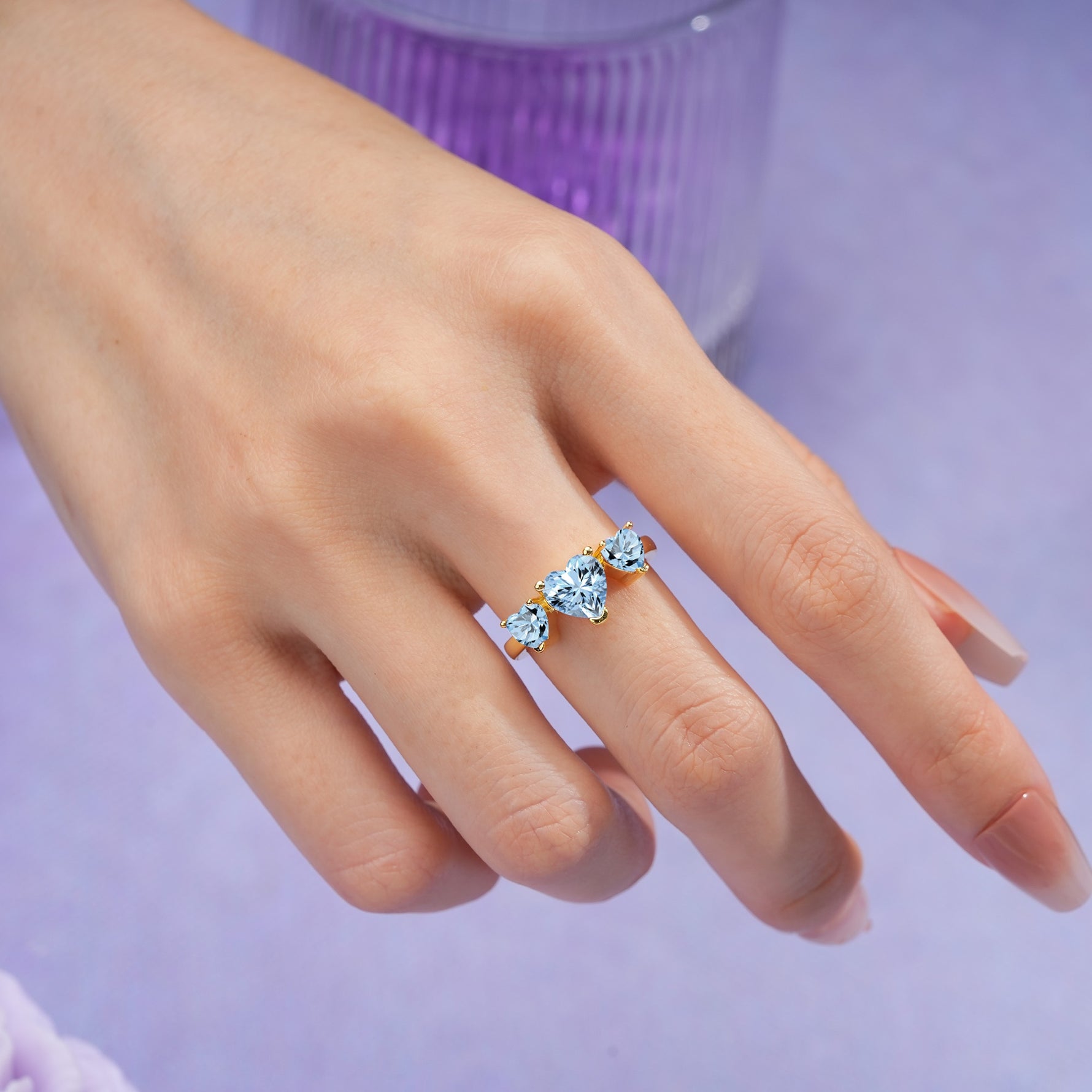 Unique 3 Prong Heart Cut Aquamarine Three stones Wedding Ring - Additional view