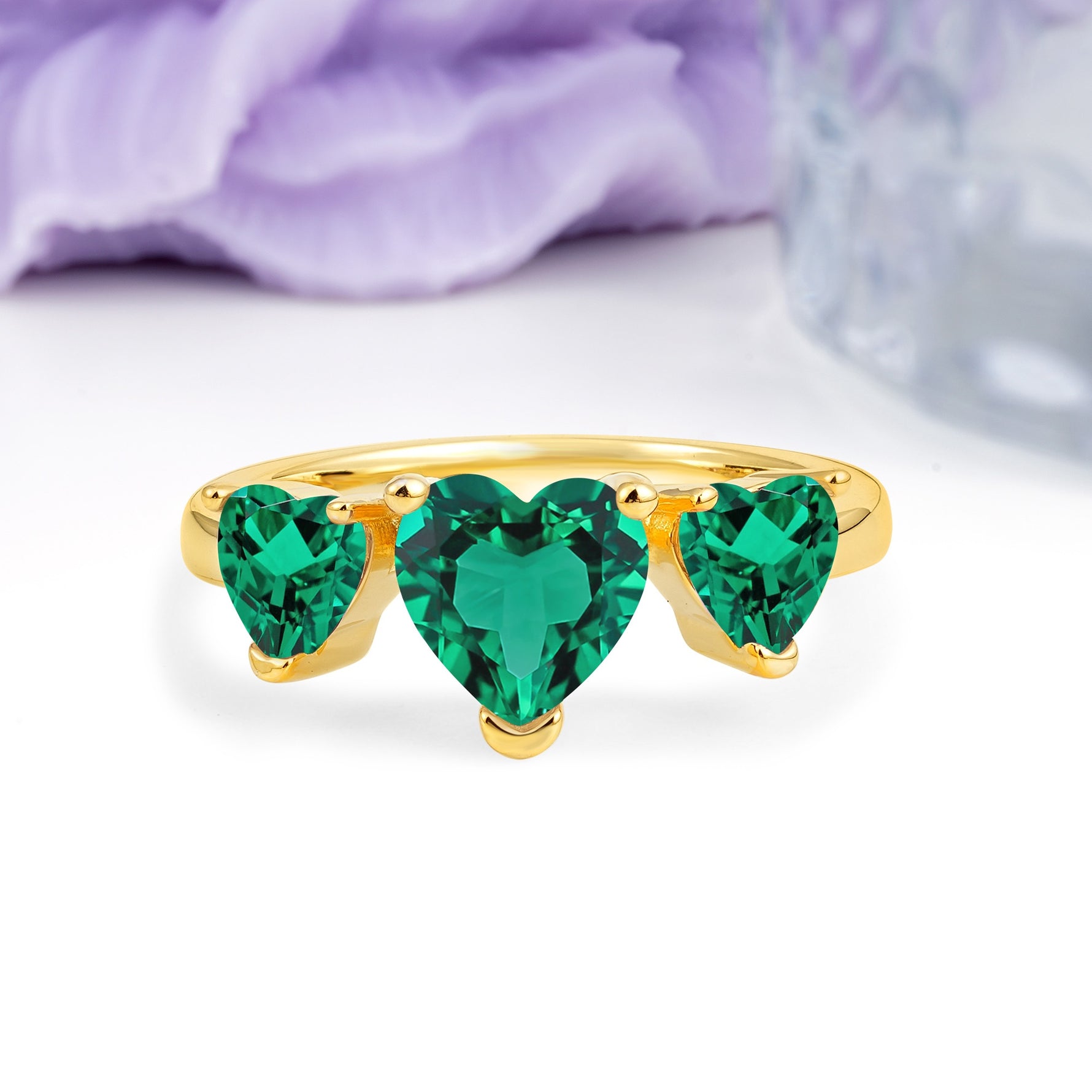 Unique 3 Prong Heart Cut Emerald Three stones Wedding Ring - Additional view