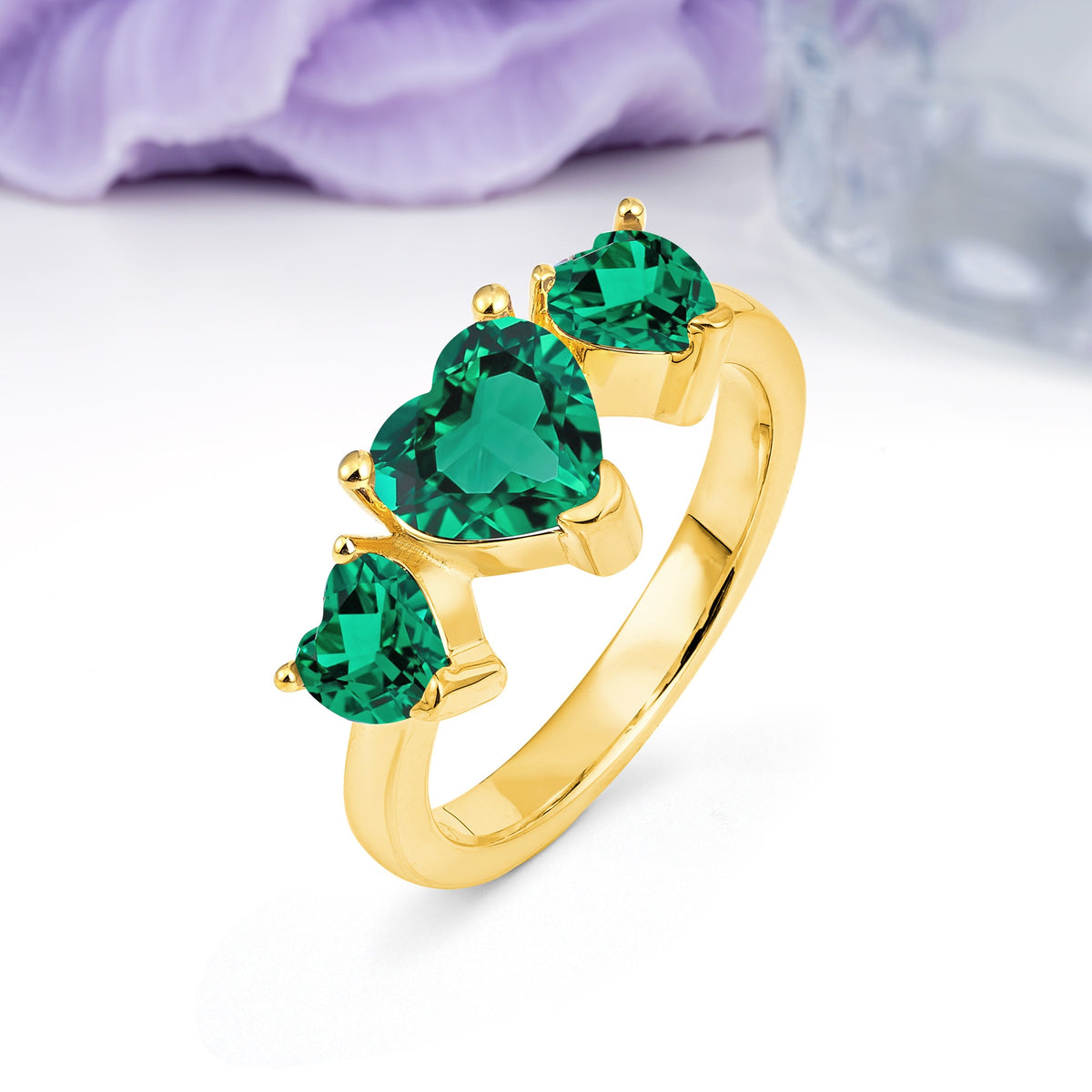 Unique 3 Prong Heart Cut Emerald Three stones Wedding Ring - Additional view