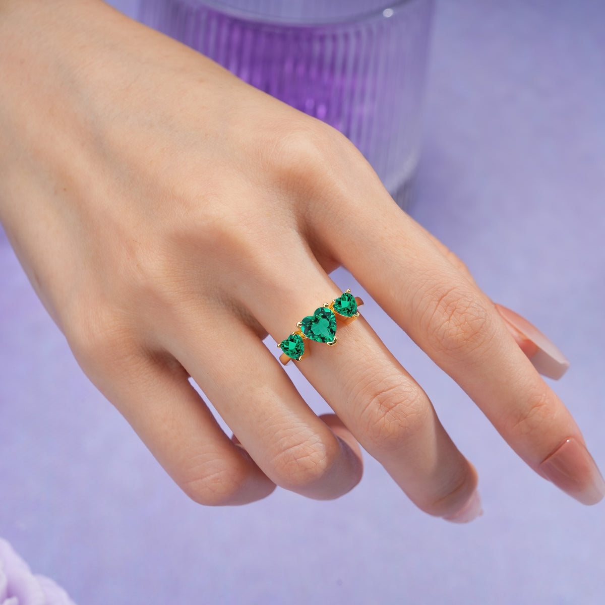 Unique 3 Prong Heart Cut Emerald Three stones Wedding Ring - Additional view