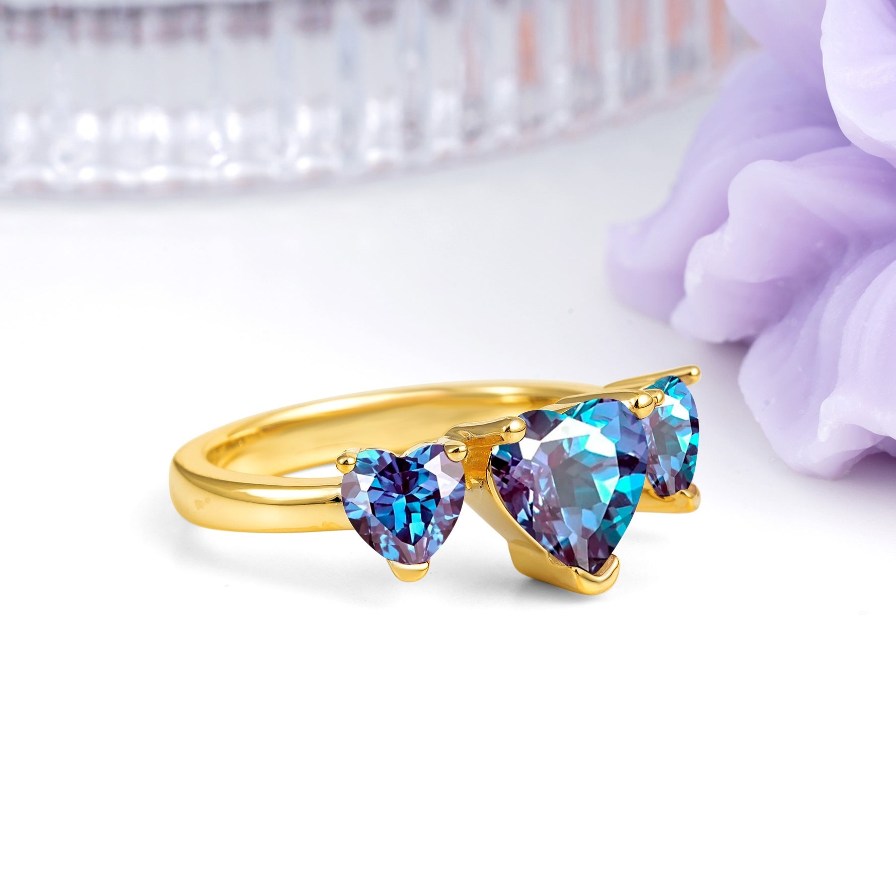 Unique 3 Prong Heart Cut Alexandrite Three stones Wedding Ring - Additional view