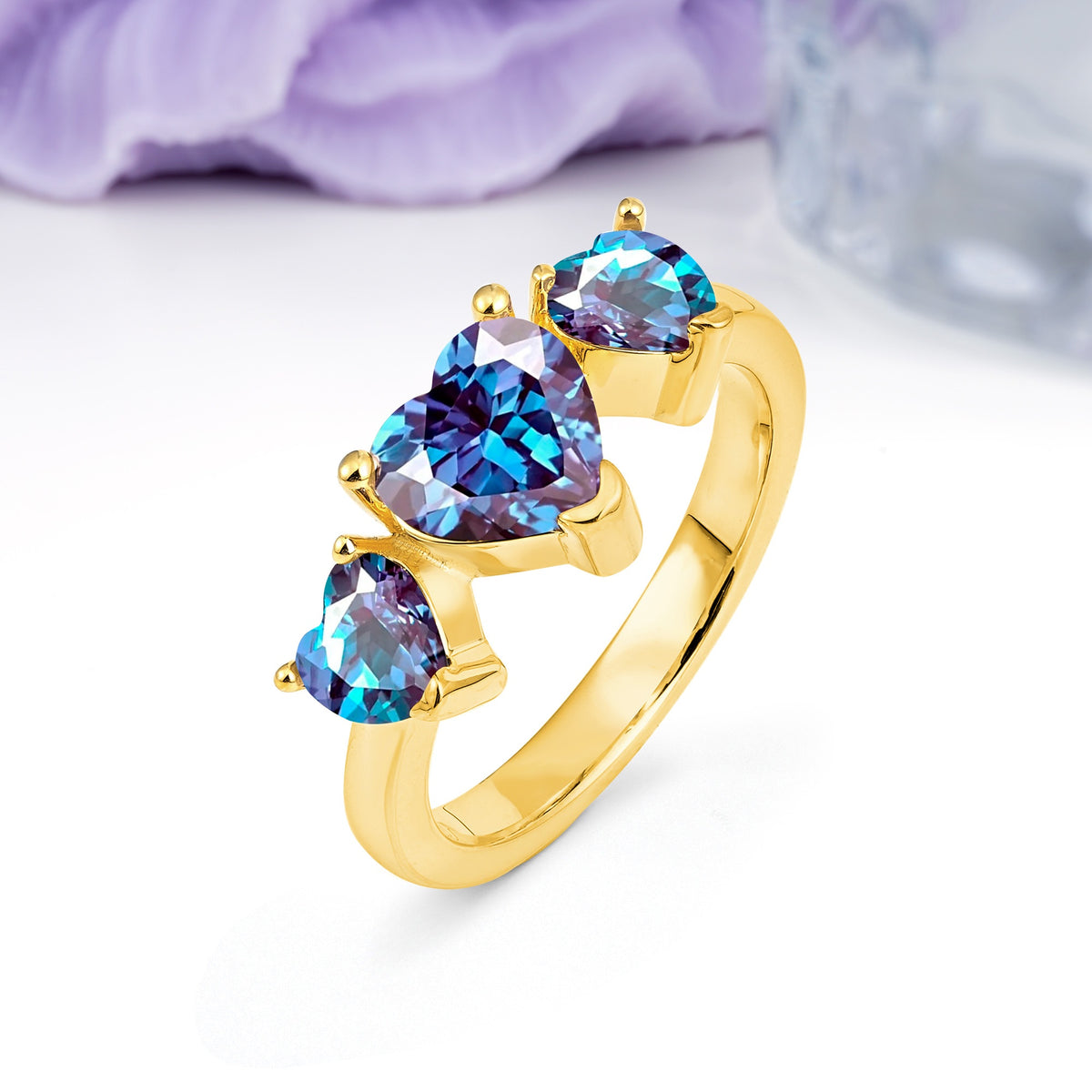 Unique 3 Prong Heart Cut Alexandrite Three stones Wedding Ring - Additional view