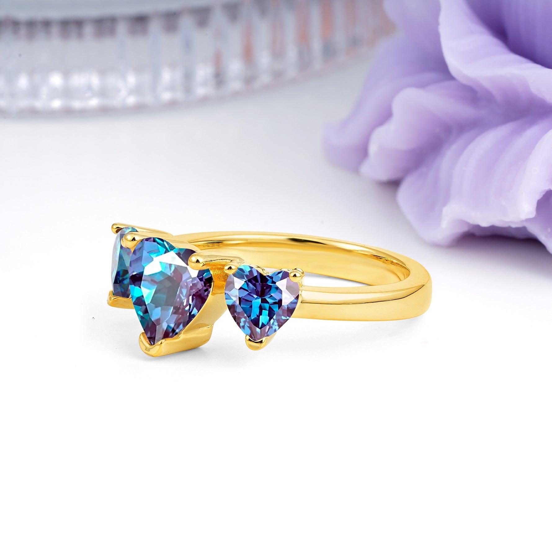 Unique 3 Prong Heart Cut Alexandrite Three stones Wedding Ring - Additional view