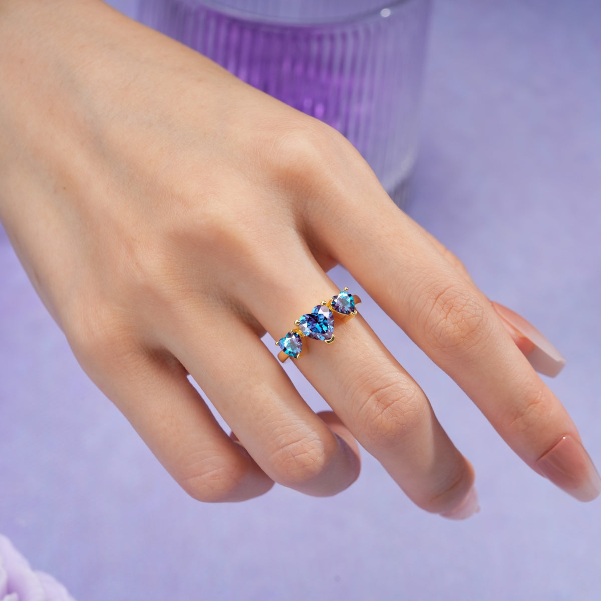 Unique 3 Prong Heart Cut Alexandrite Three stones Wedding Ring - Additional view