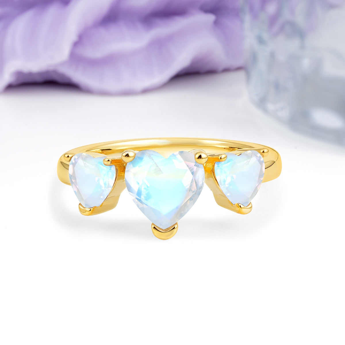 Unique 3 Prong Heart Cut Moonstone Three stones Wedding Ring - Additional view