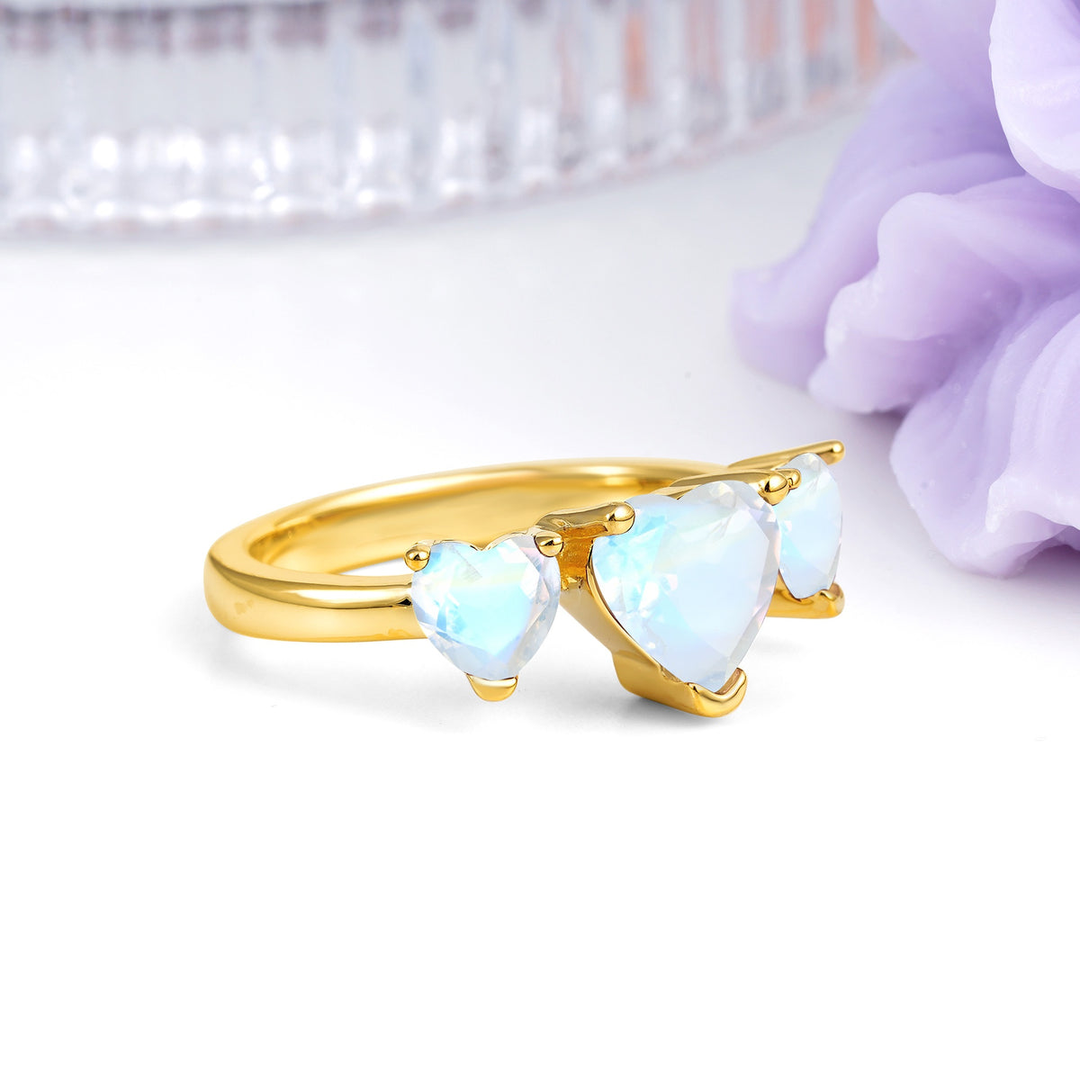 Unique 3 Prong Heart Cut Moonstone Three stones Wedding Ring - Additional view