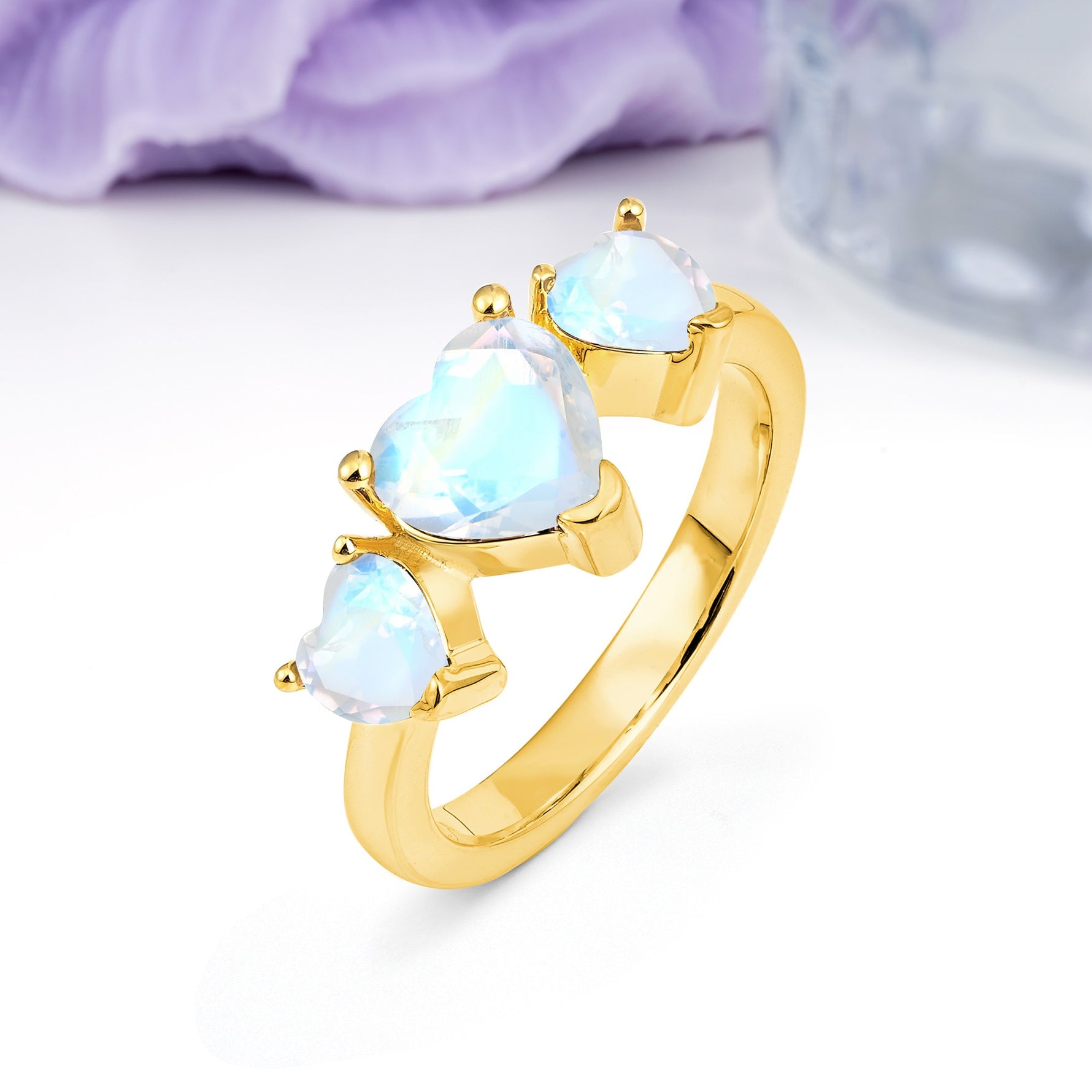 Unique 3 Prong Heart Cut Moonstone Three stones Wedding Ring - Additional view