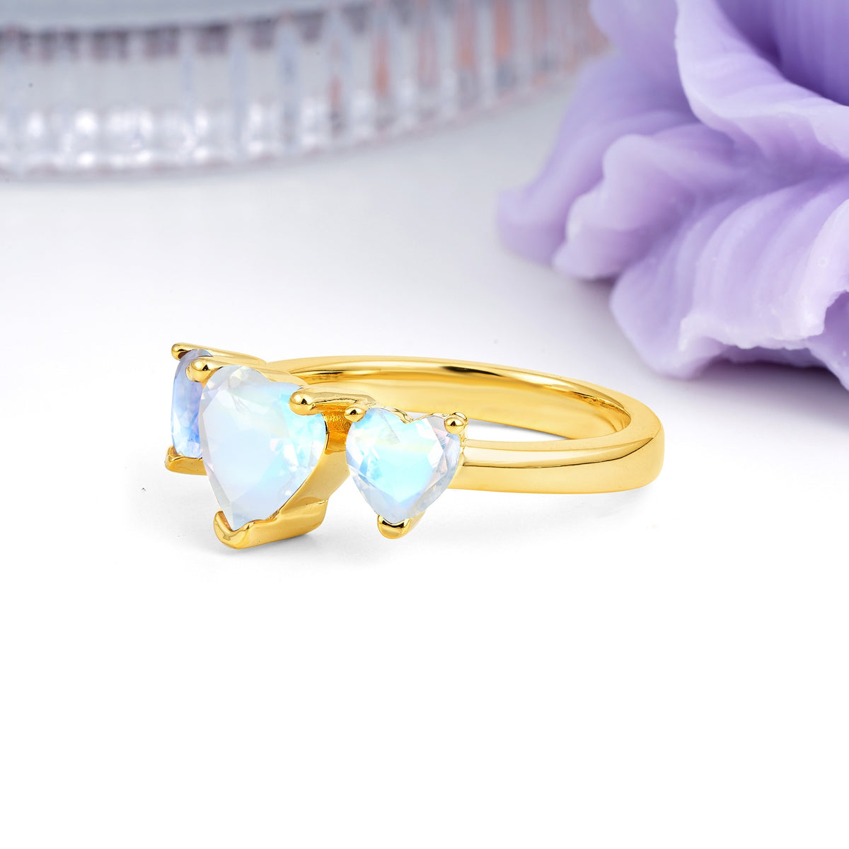 Unique 3 Prong Heart Cut Moonstone Three stones Wedding Ring - Additional view