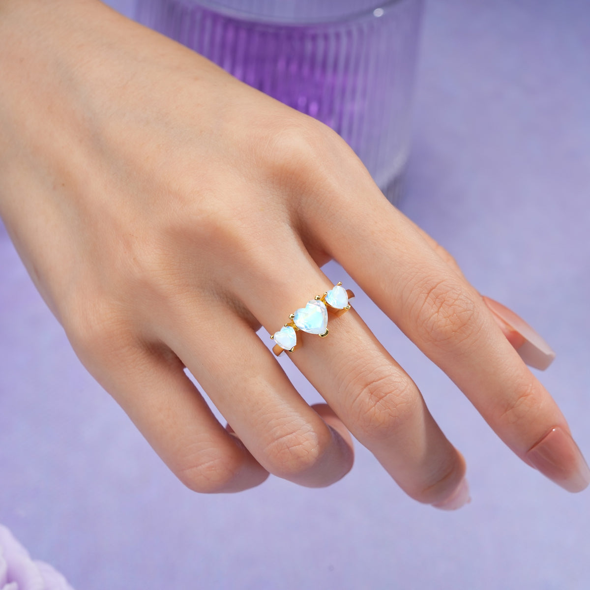 Unique 3 Prong Heart Cut Moonstone Three stones Wedding Ring - Additional view