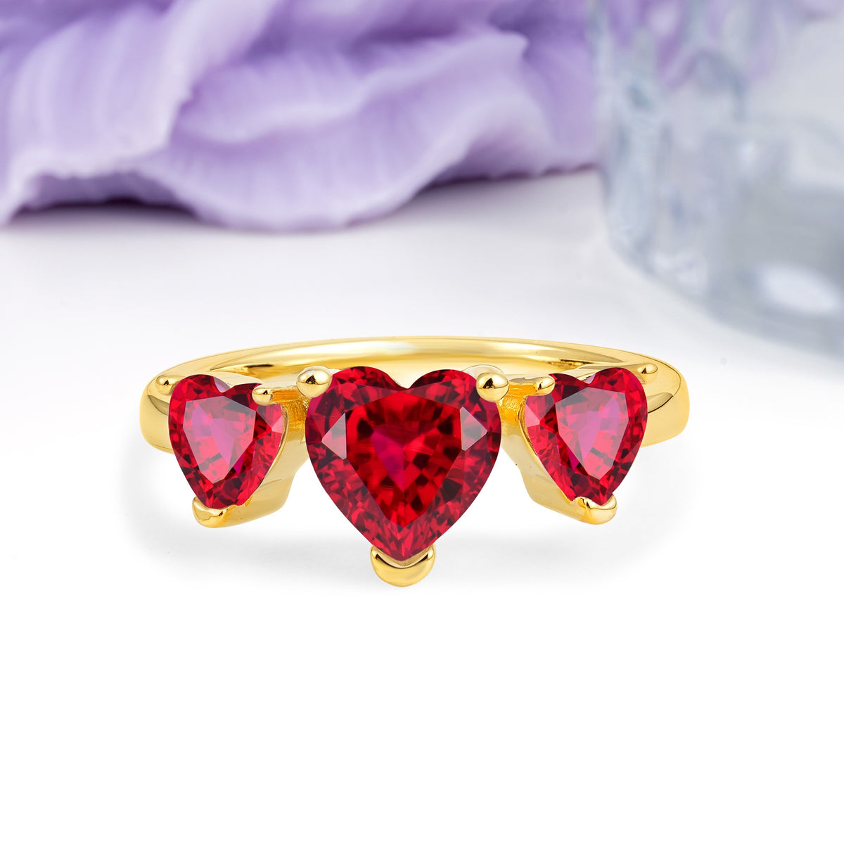 Unique 3 Prong Heart Cut Ruby Three stones Wedding Ring - Additional view