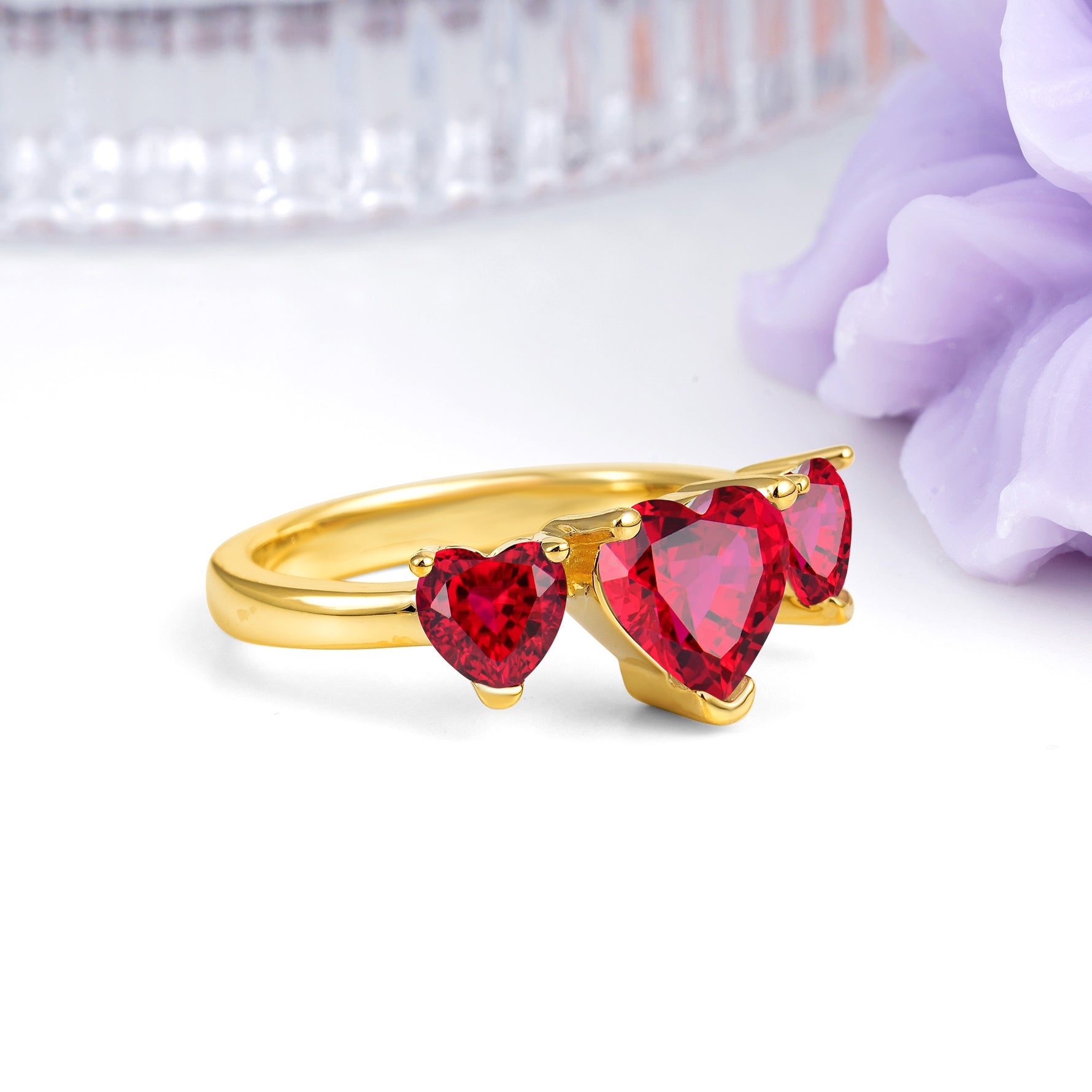 Unique 3 Prong Heart Cut Ruby Three stones Wedding Ring - Additional view