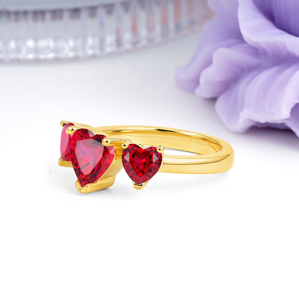 Unique 3 Prong Heart Cut Ruby Three stones Wedding Ring - Additional view