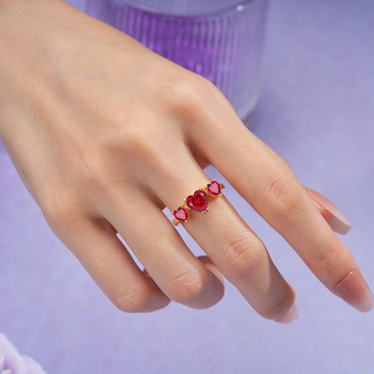 Unique 3 Prong Heart Cut Ruby Three stones Wedding Ring - Additional view