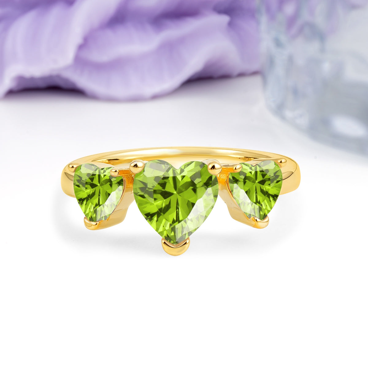 Unique 3 Prong Heart Cut Peridot Three stones Wedding Ring - Additional view