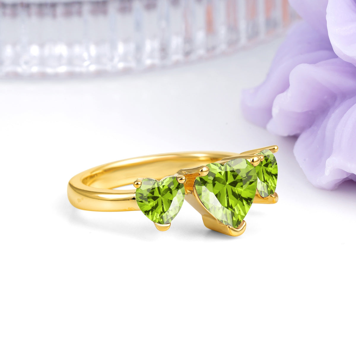Unique 3 Prong Heart Cut Peridot Three stones Wedding Ring - Additional view