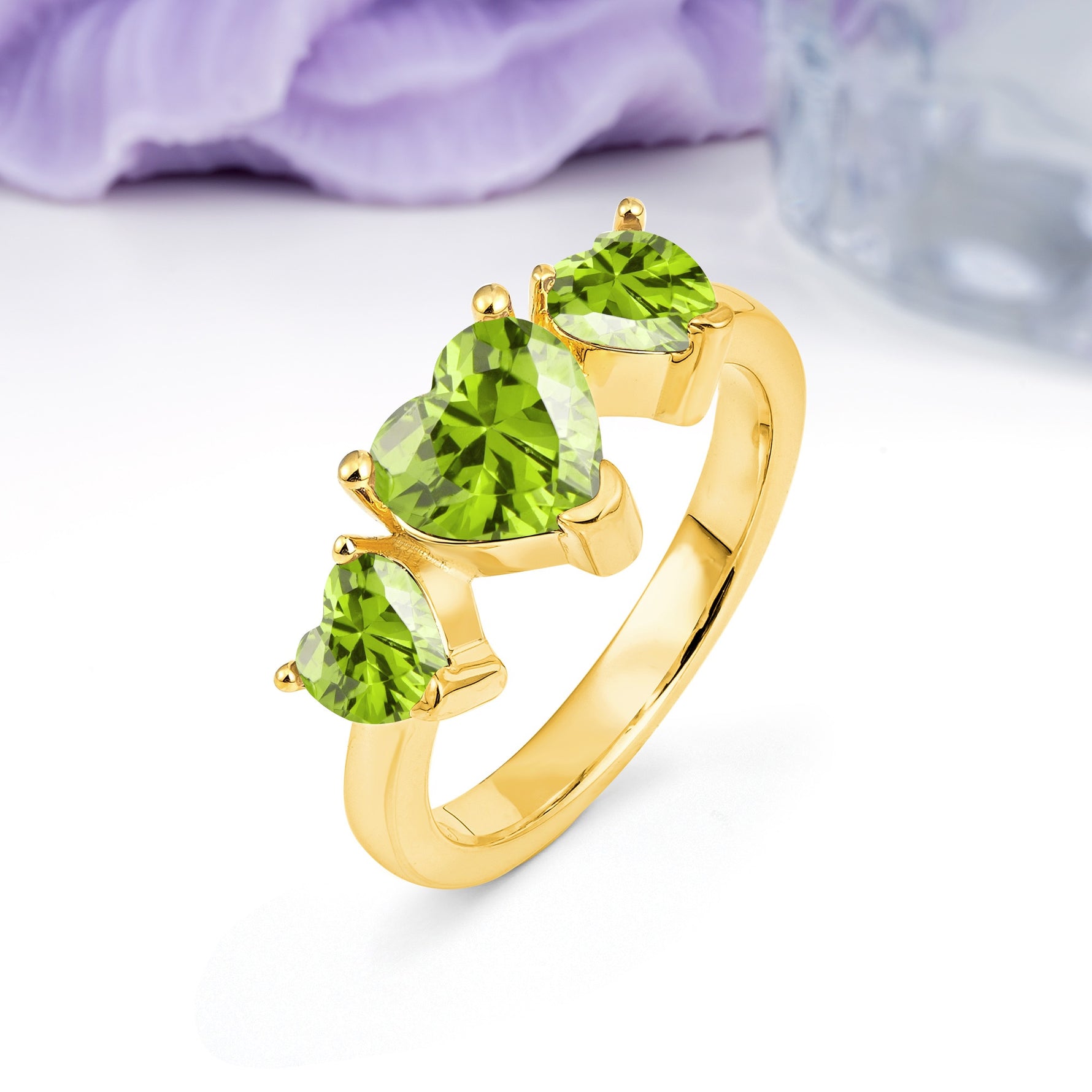 Unique 3 Prong Heart Cut Peridot Three stones Wedding Ring - Additional view
