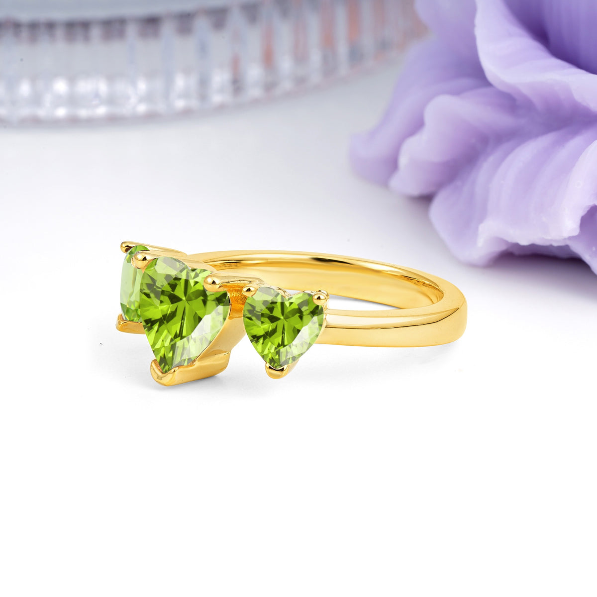 Unique 3 Prong Heart Cut Peridot Three stones Wedding Ring - Additional view