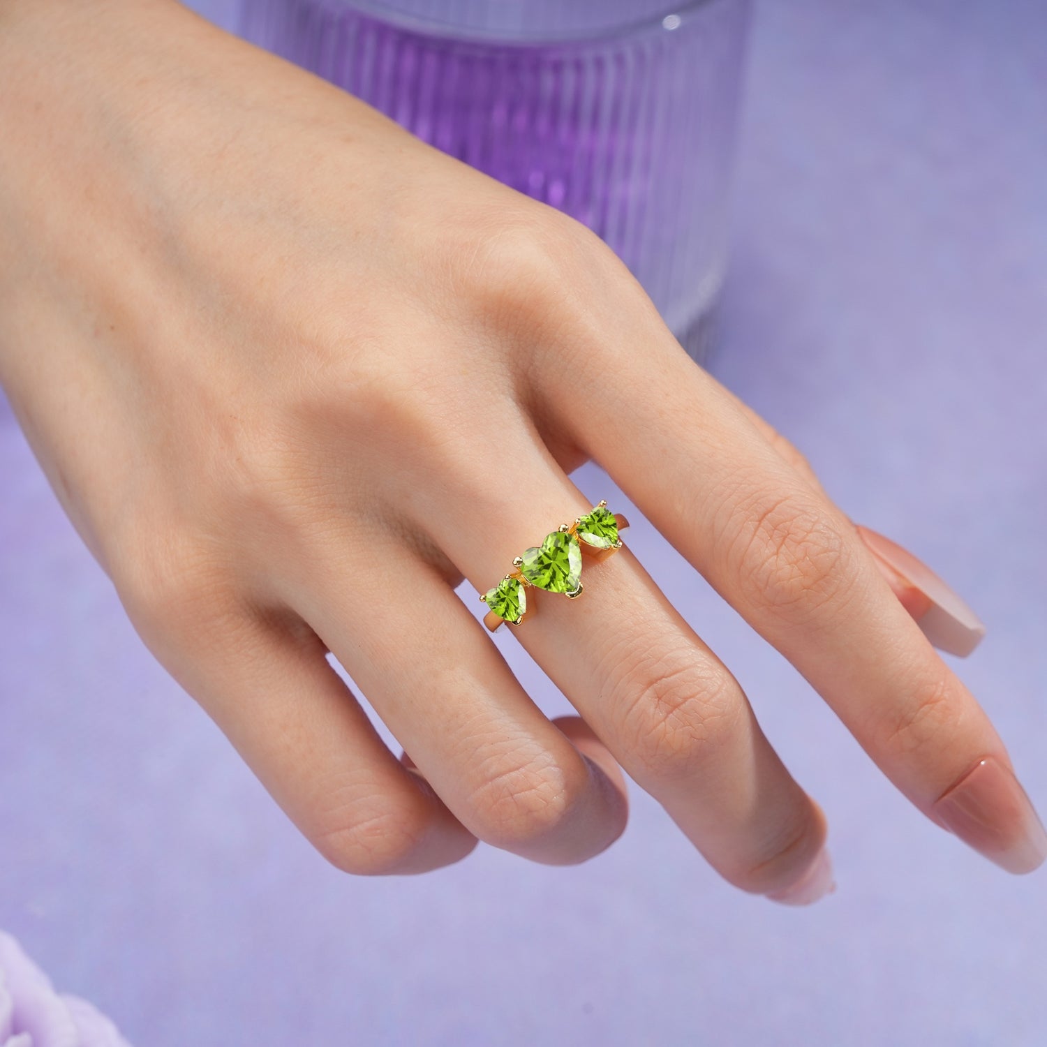 Unique 3 Prong Heart Cut Peridot Three stones Wedding Ring - Additional view