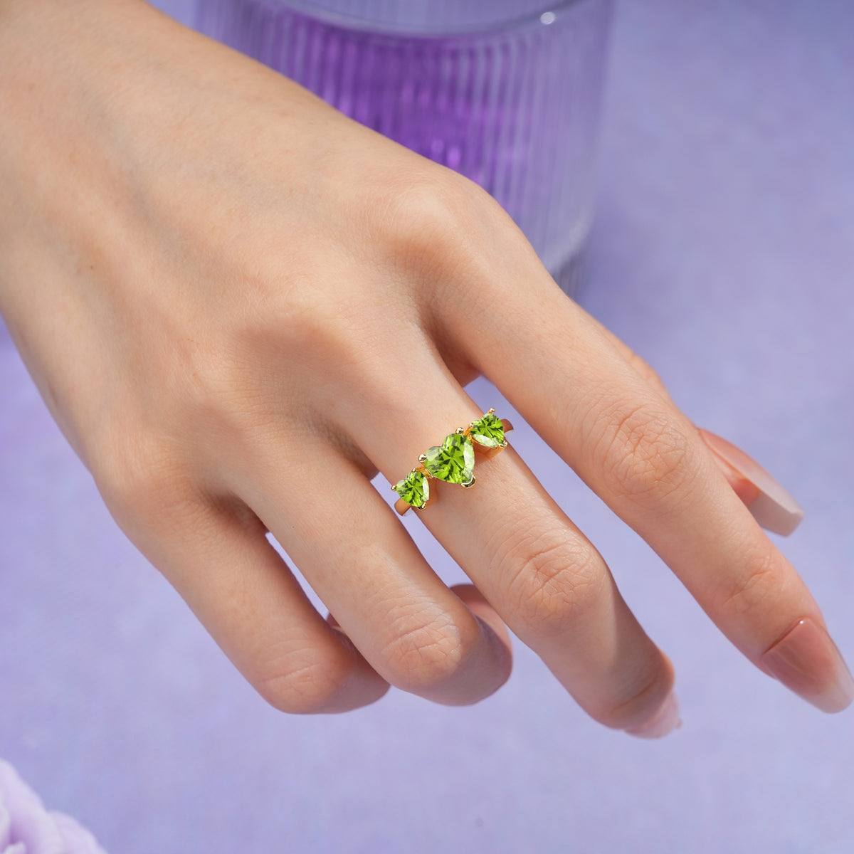 Unique 3 Prong Heart Cut Peridot Three stones Wedding Ring - Additional view
