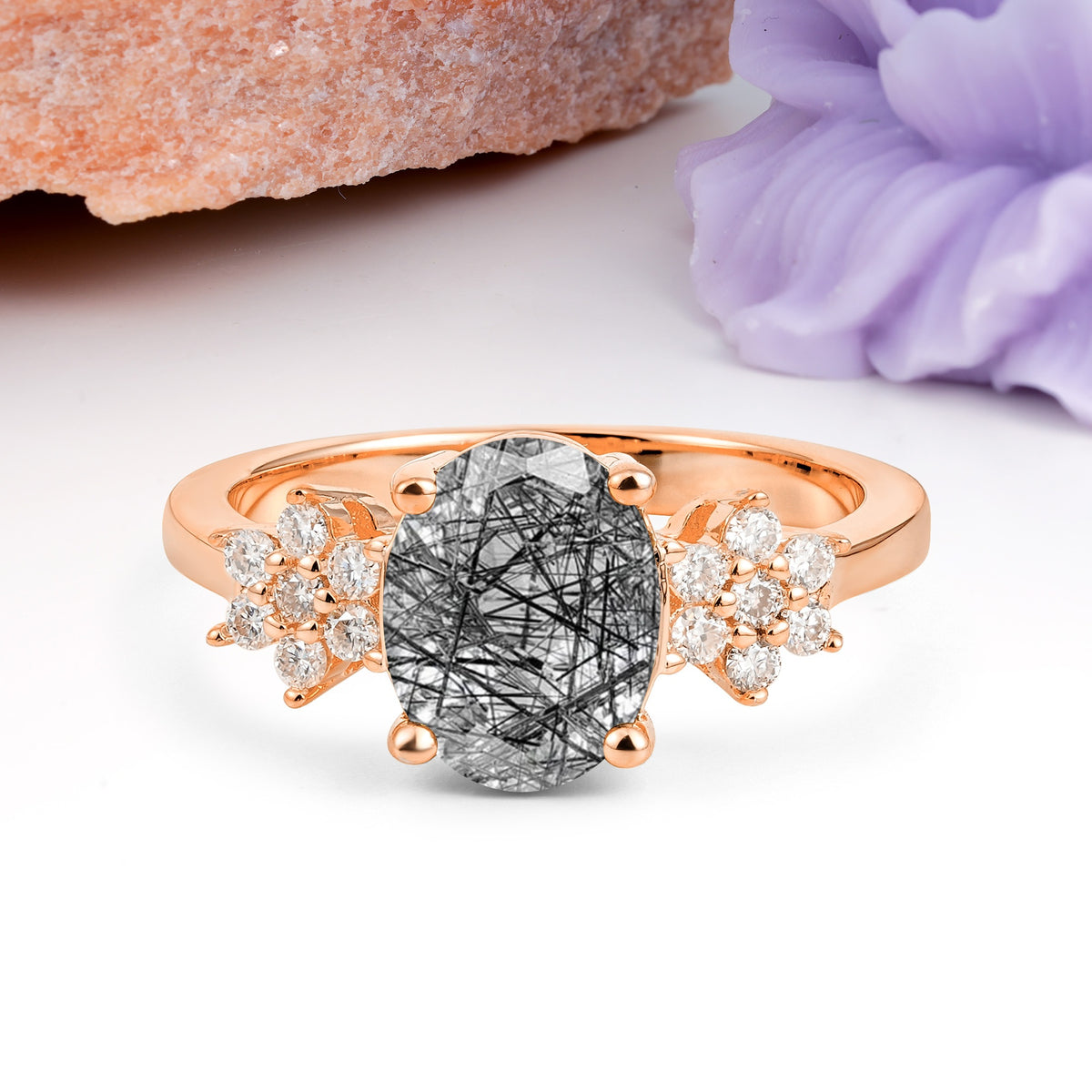 Luxurious Classic 4-Prong Oval Cut Black Rutilated Quartz Engagement Ring - Additional view