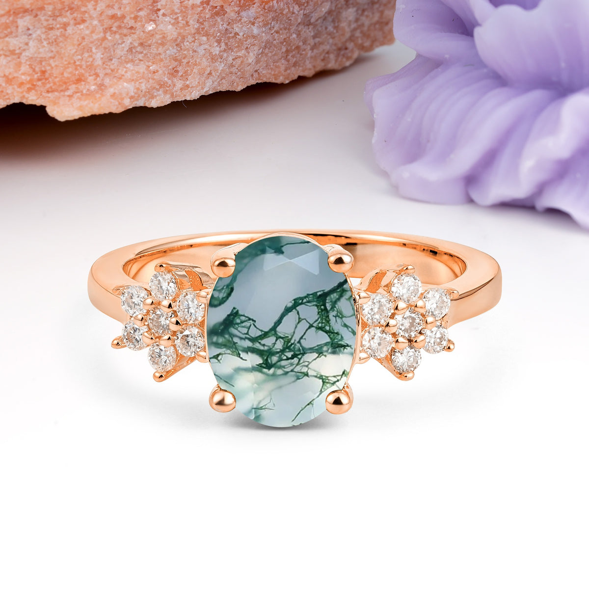 Luxurious Classic 4-Prong Oval Cut Moss Agate Engagement Ring - Additional view