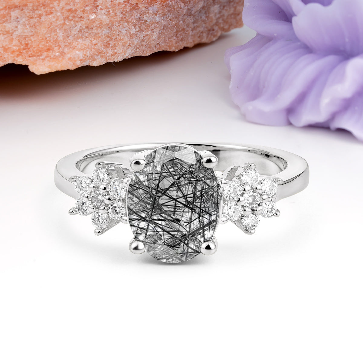 Luxurious Classic 4-Prong Oval Cut Black Rutilated Quartz Engagement Ring - Additional view