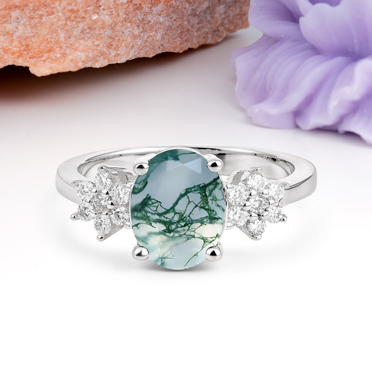 Luxurious Classic 4-Prong Oval Cut Moss Agate Engagement Ring - Additional view