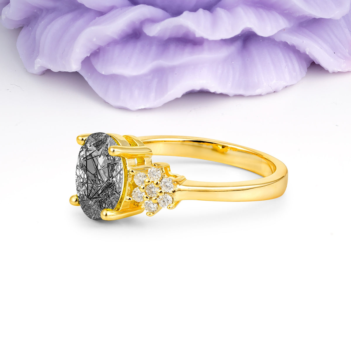 Luxurious Classic 4-Prong Oval Cut Black Rutilated Quartz Engagement Ring - Additional view