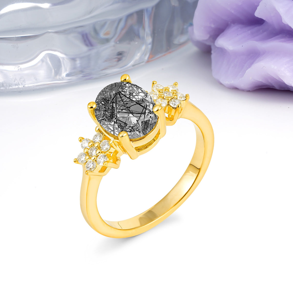 Luxurious Classic 4-Prong Oval Cut Black Rutilated Quartz Engagement Ring - Additional view