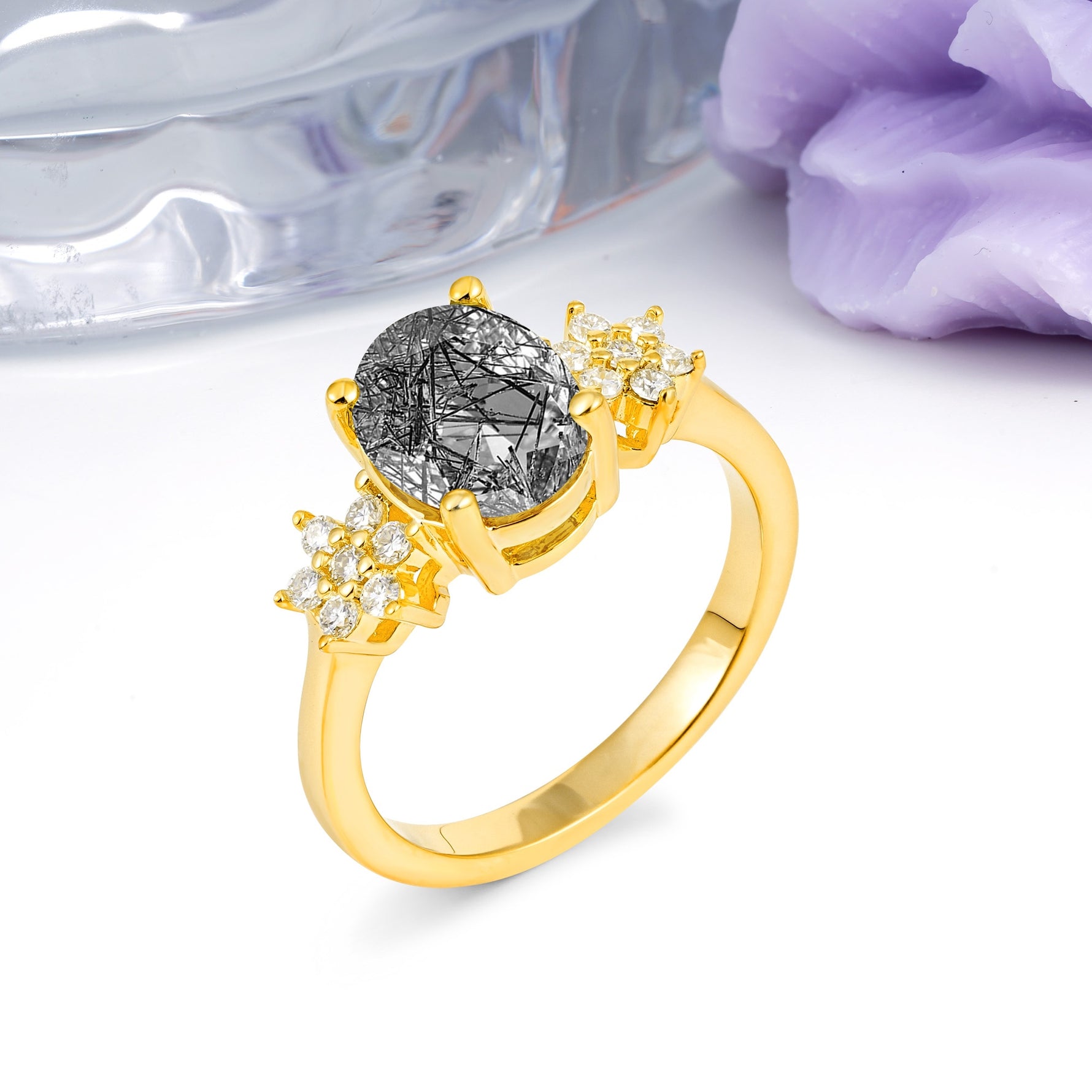 Luxurious Classic 4-Prong Oval Cut Black Rutilated Quartz Engagement Ring - Additional view