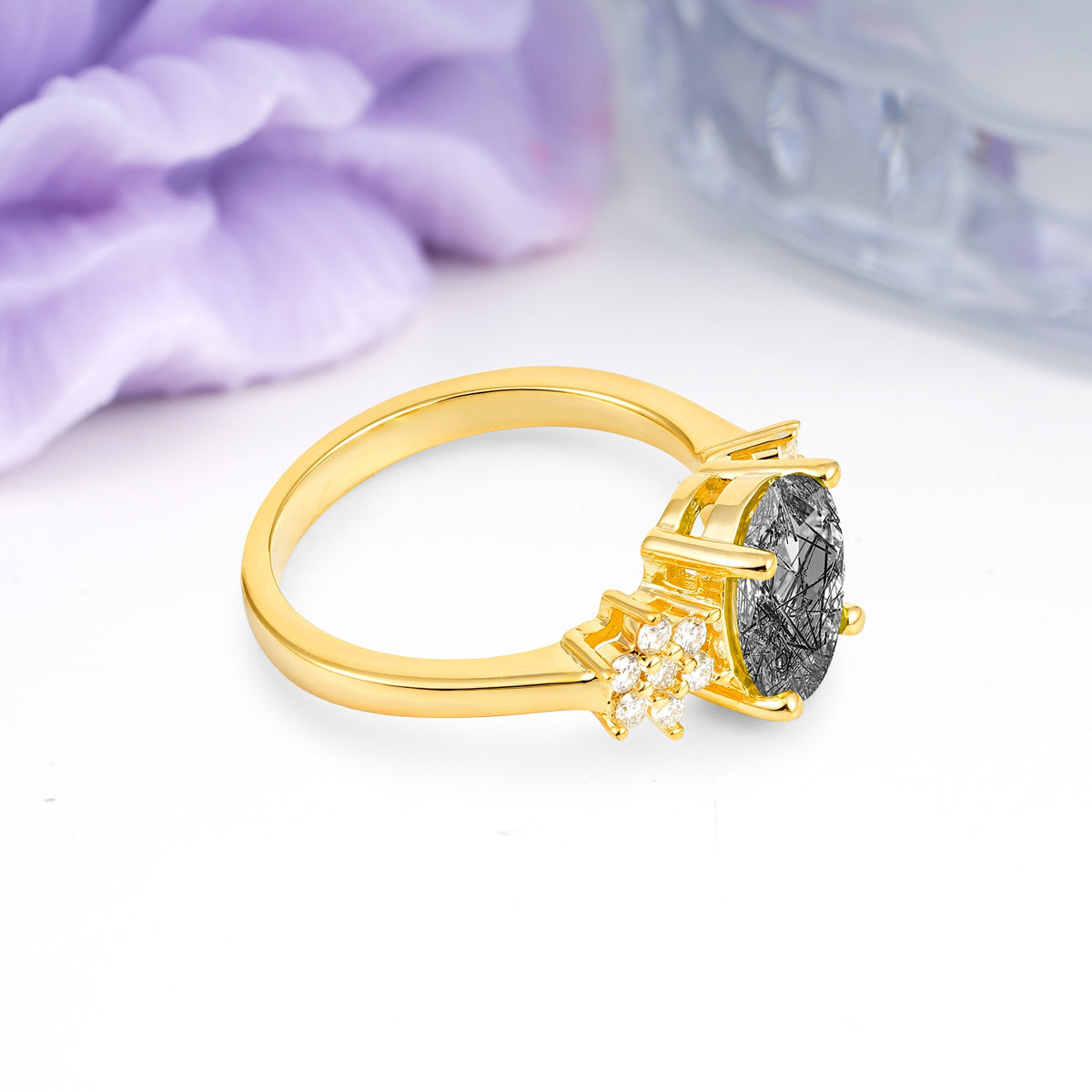 Luxurious Classic 4-Prong Oval Cut Black Rutilated Quartz Engagement Ring - Additional view