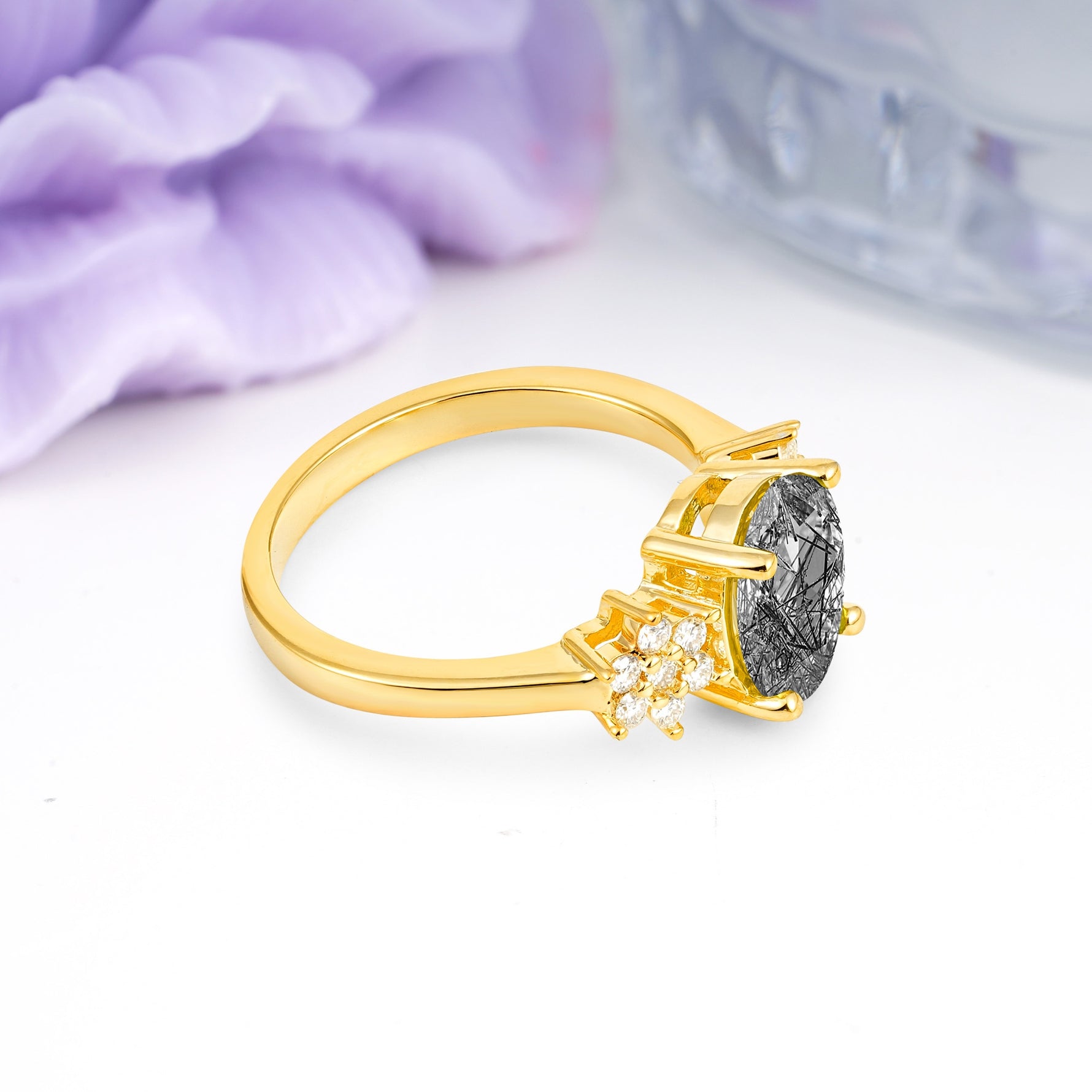 Luxurious Classic 4-Prong Oval Cut Black Rutilated Quartz Engagement Ring - Additional view