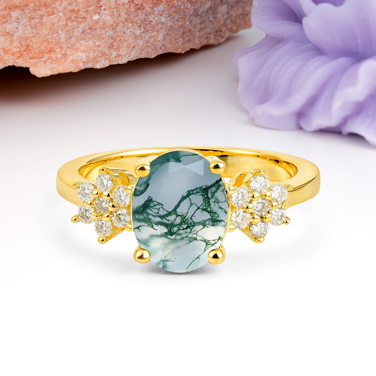 Luxurious Classic 4-Prong Oval Cut Moss Agate Engagement Ring - Additional view