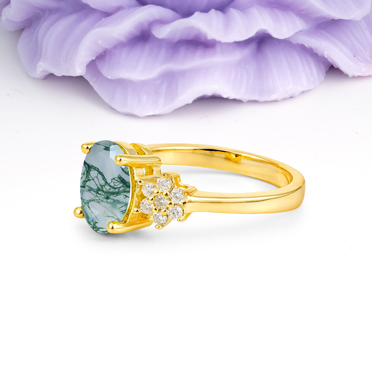 Luxurious Classic 4-Prong Oval Cut Moss Agate Engagement Ring - Additional view