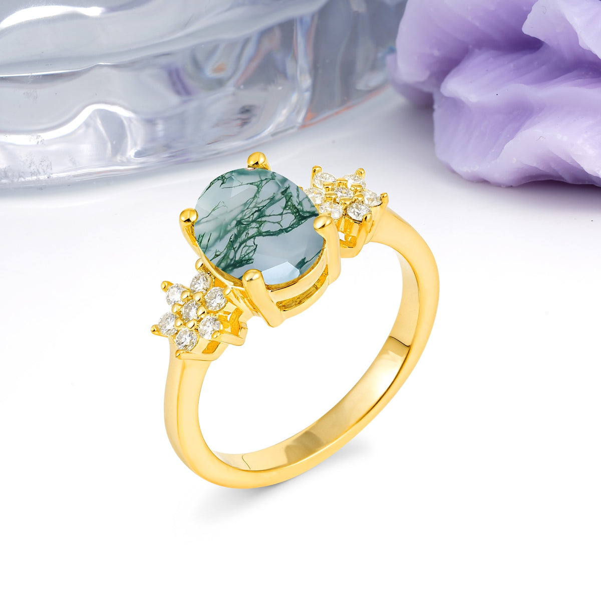 Luxurious Classic 4-Prong Oval Cut Moss Agate Engagement Ring - Additional view