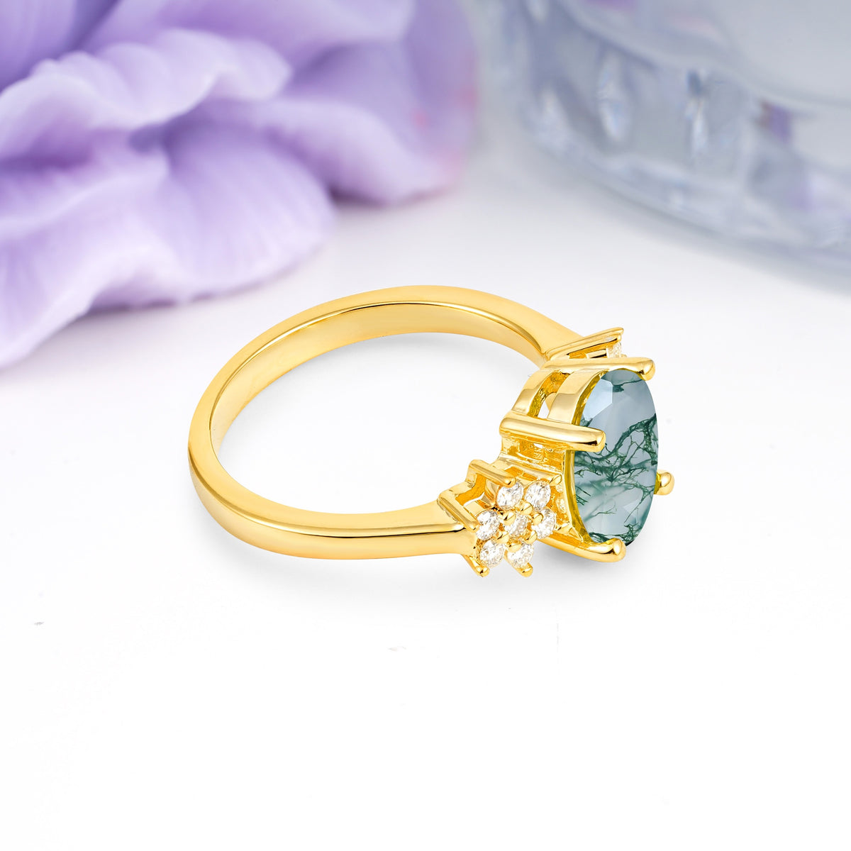 Luxurious Classic 4-Prong Oval Cut Moss Agate Engagement Ring - Additional view