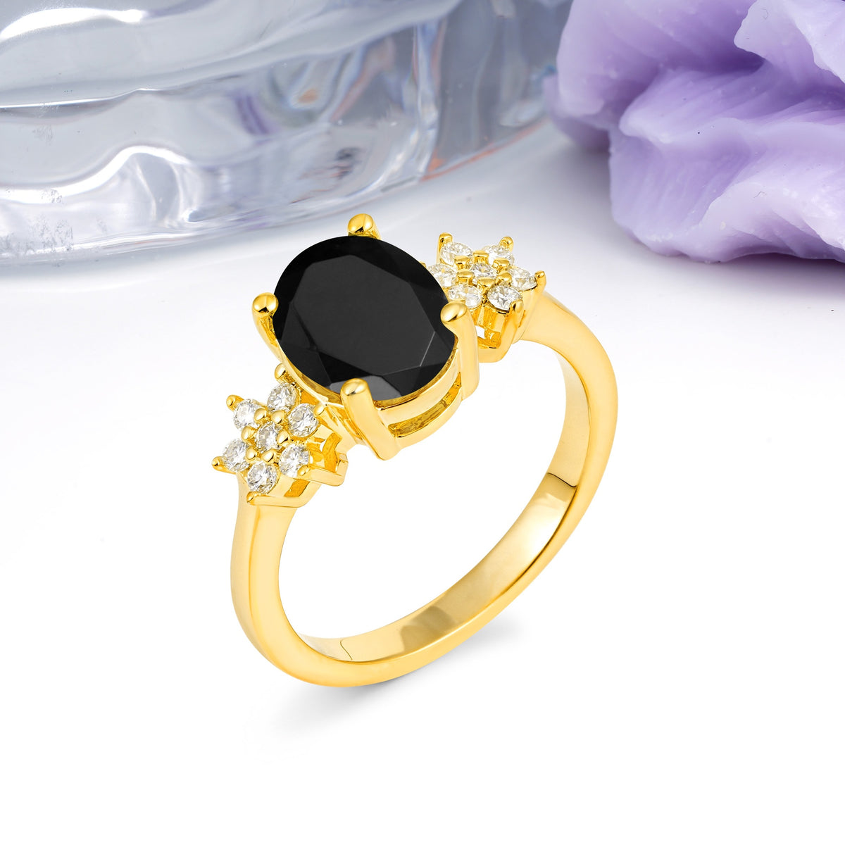 Luxurious Classic 4-Prong Oval Cut Black Onyx Engagement Ring - Additional view