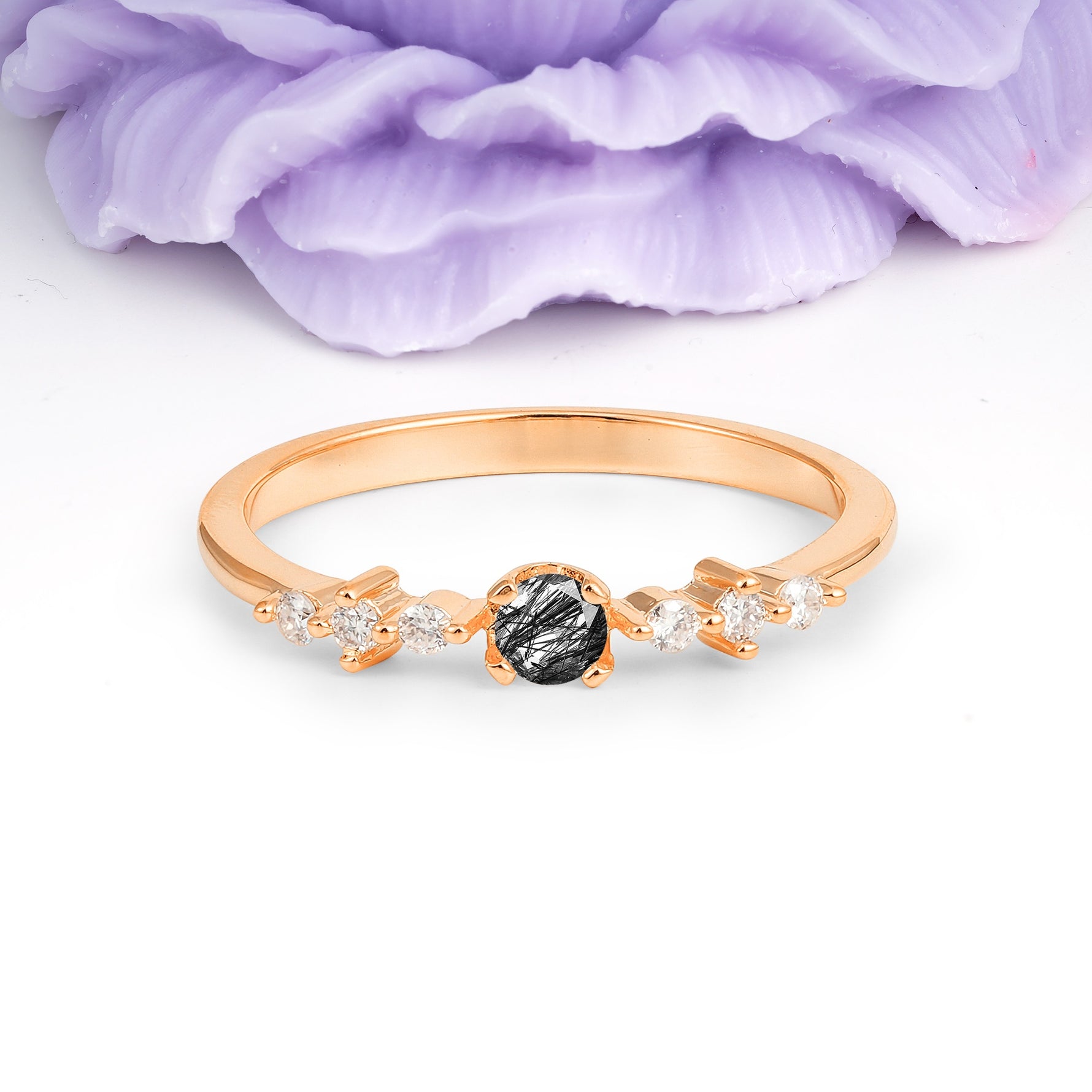 Classic, Minimalist 4-Prong Round Cut Black Rutilated Quartz Engagement Ring - Additional view