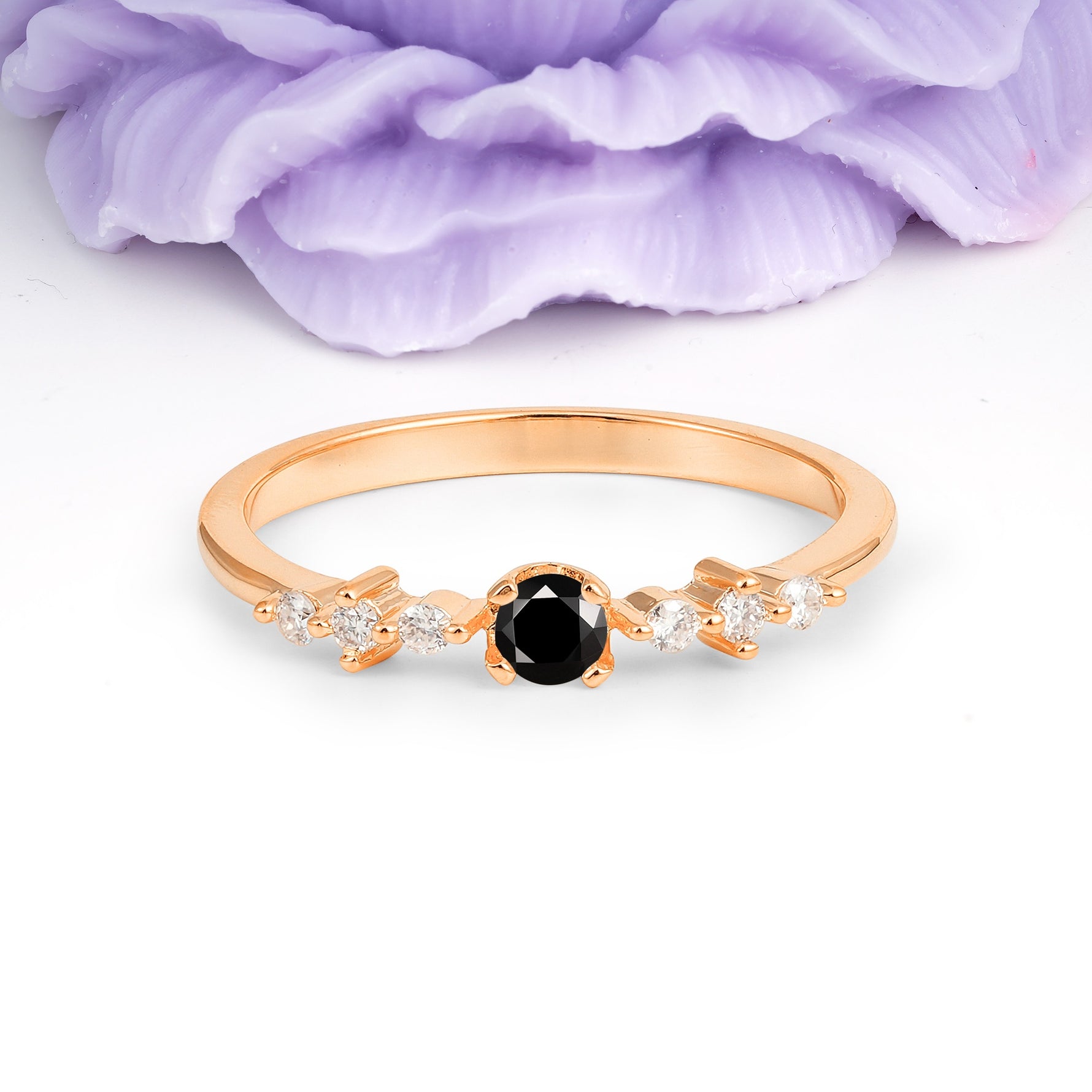 Classic, Minimalist 4-Prong Round Cut Black Onyx Engagement Ring - Additional view