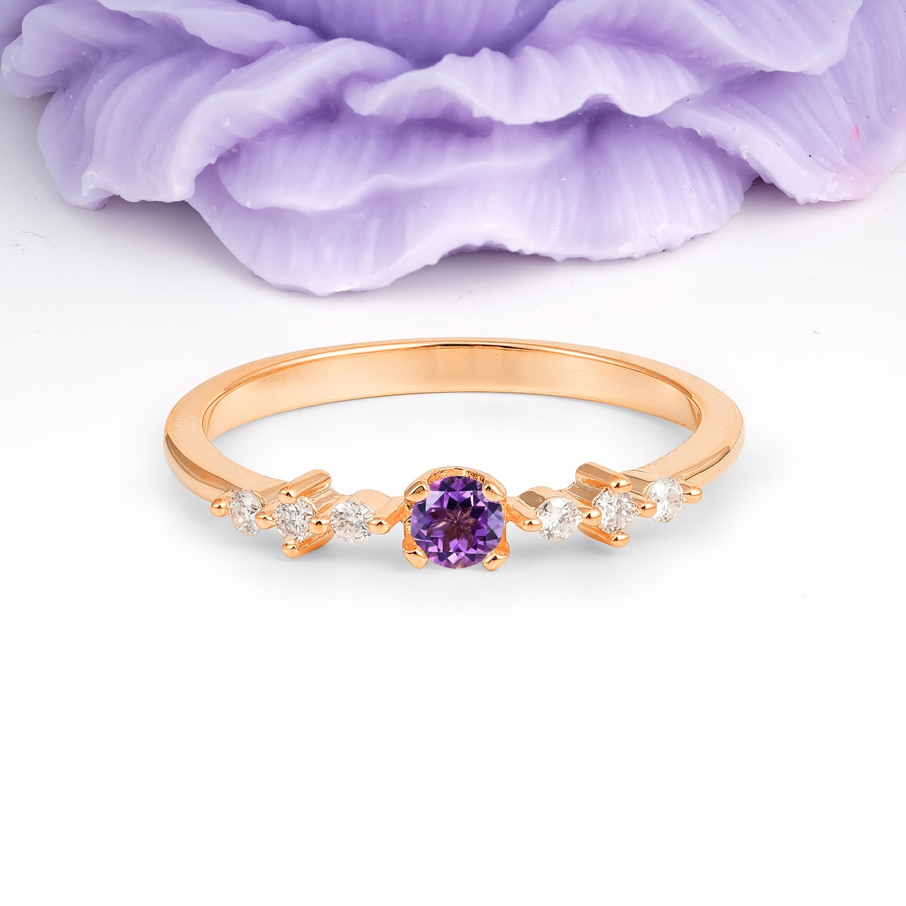 Classic, Minimalist 4-Prong Round Cut Amethyst Engagement Ring - Additional view