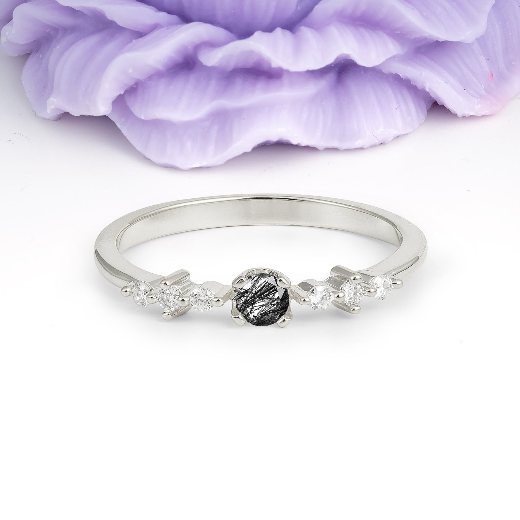 Classic, Minimalist 4-Prong Round Cut Black Rutilated Quartz Engagement Ring - Additional view